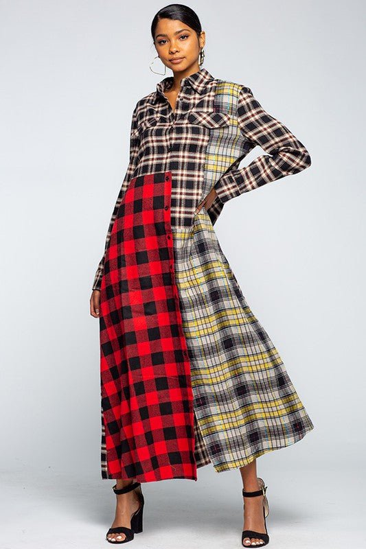 Oversized Flannel Shirt Maxi Dress - IFUL BOUTIQUE