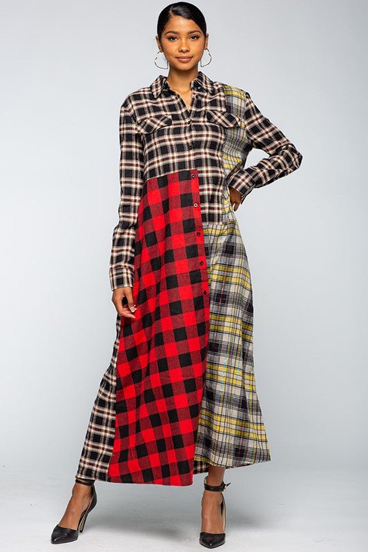 Oversized Flannel Shirt Maxi Dress - IFUL BOUTIQUE