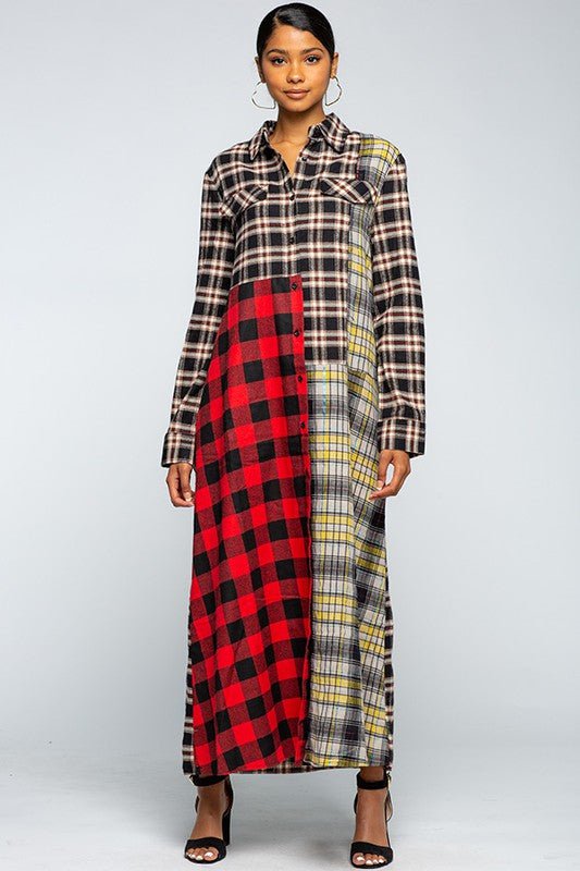 Oversized Flannel Shirt Maxi Dress - IFUL BOUTIQUE